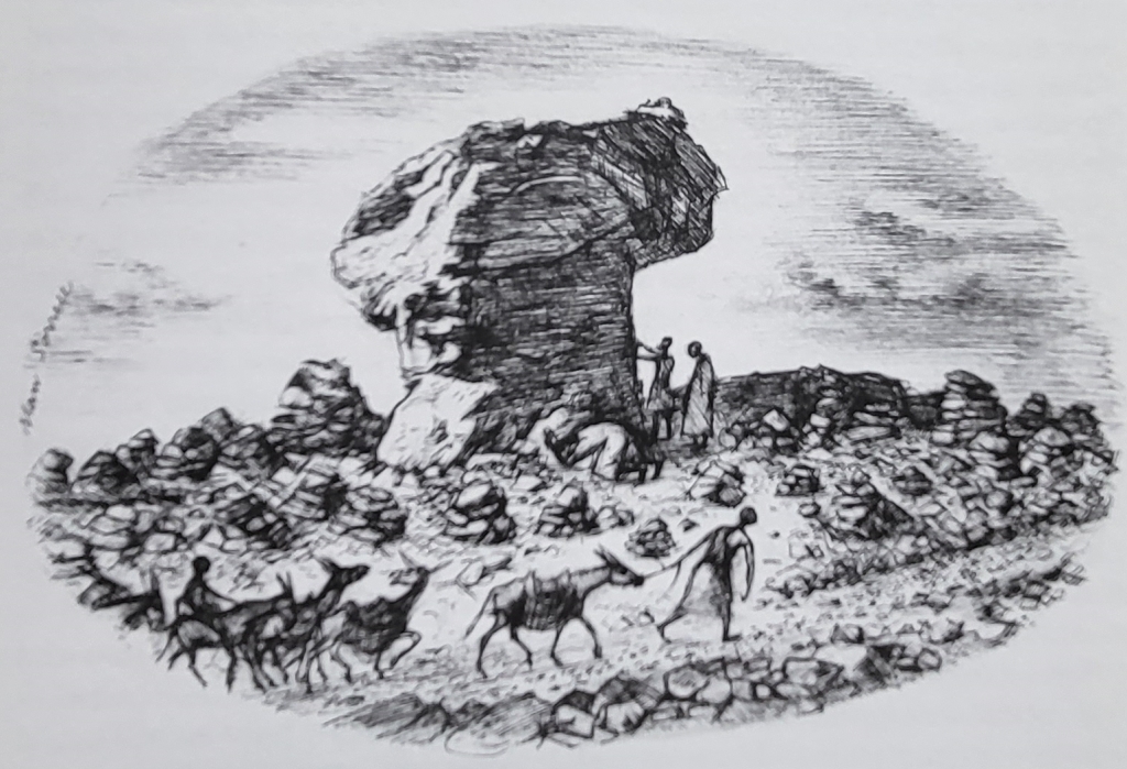 Sketch of a large mushroom shaped rock surrounded by low cairns. Two individuals are carving into the rock while a donkey caravan moves past in the foreground.
