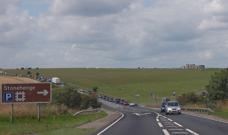 Photo of Stonehenge from the A303, showing the queuing traffic on the latter as it runs pasts the stones.