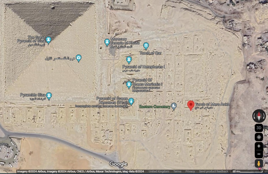 A Google Maps satellite image of the Great Pyramid and Eastern Cemetery at Giza, showing the rectangular mastabas of the Eastern Cemetery to the right of the Queen's pyramids, east of the Great Pyramid. The Tomb of Mers Ankh is marked by a red pin,  five rows eastwards from the pyramid of Queen Henutsen.